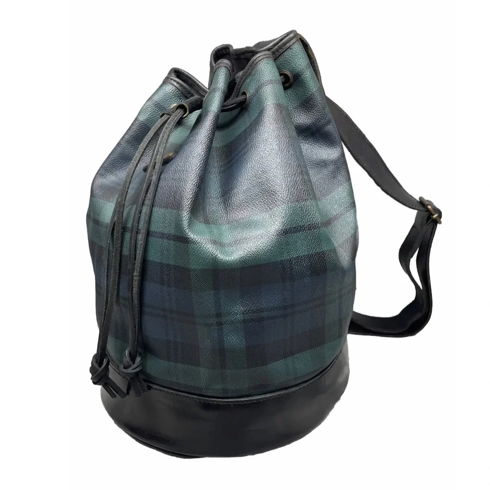 RALPH LAUREN Black Watch Plaid Drawstring Backpack Sling Messenger Bag Vintage